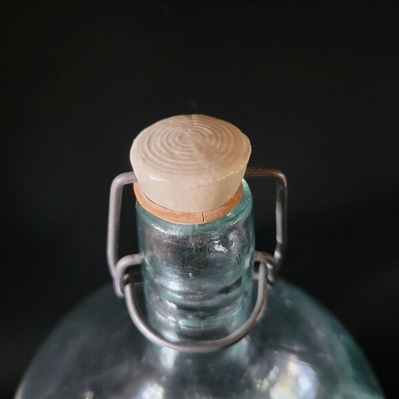 Vtg Blown Green Glass Bottle Wire Bail  Porcelain Stopper Made in Italy, Rustic - Picture 2 of 10